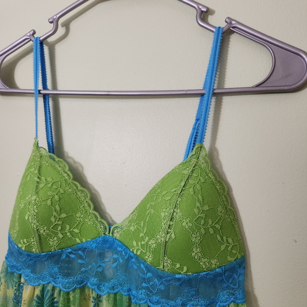 Y2K 2006 Victoria's Secret S Green & Blue Lace Sheer Babydoll Cami Chemise Top - Picture 2 of 15